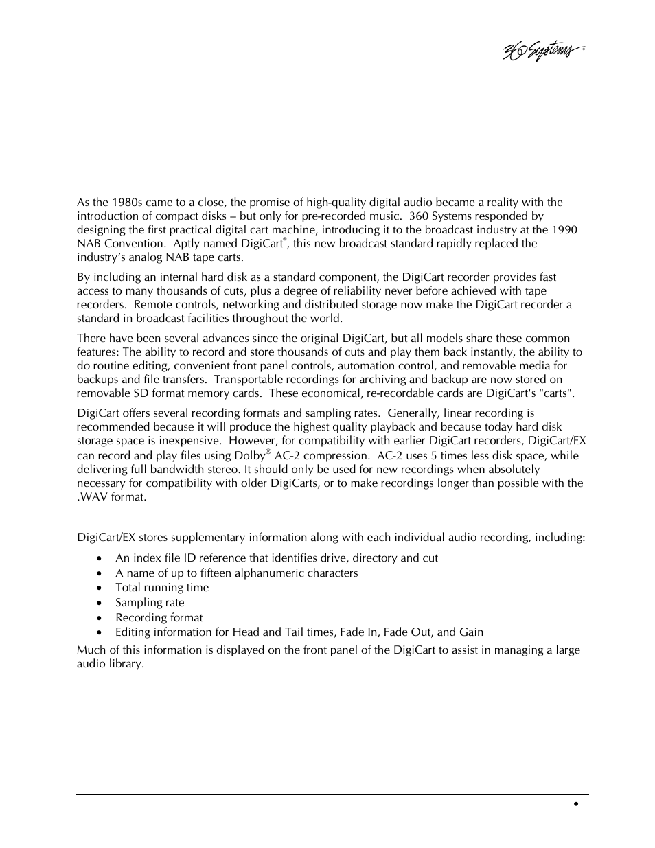 Overview, Introduction to the digicart recorder | 360 Systems DigiCart/EX User Manual | Page 13 / 117