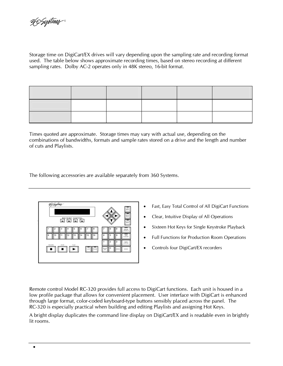 Storage capability, Accessories, Rc-320 remote control | 360 Systems DigiCart/EX User Manual | Page 16 / 117