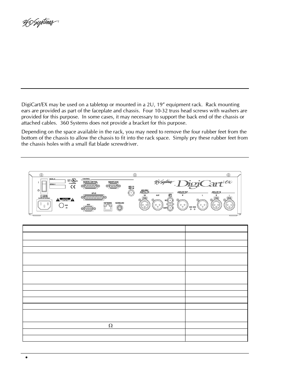 Chapter 1, Installation, Mounting | Rear panel connections | 360 Systems DigiCart/EX User Manual | Page 18 / 117