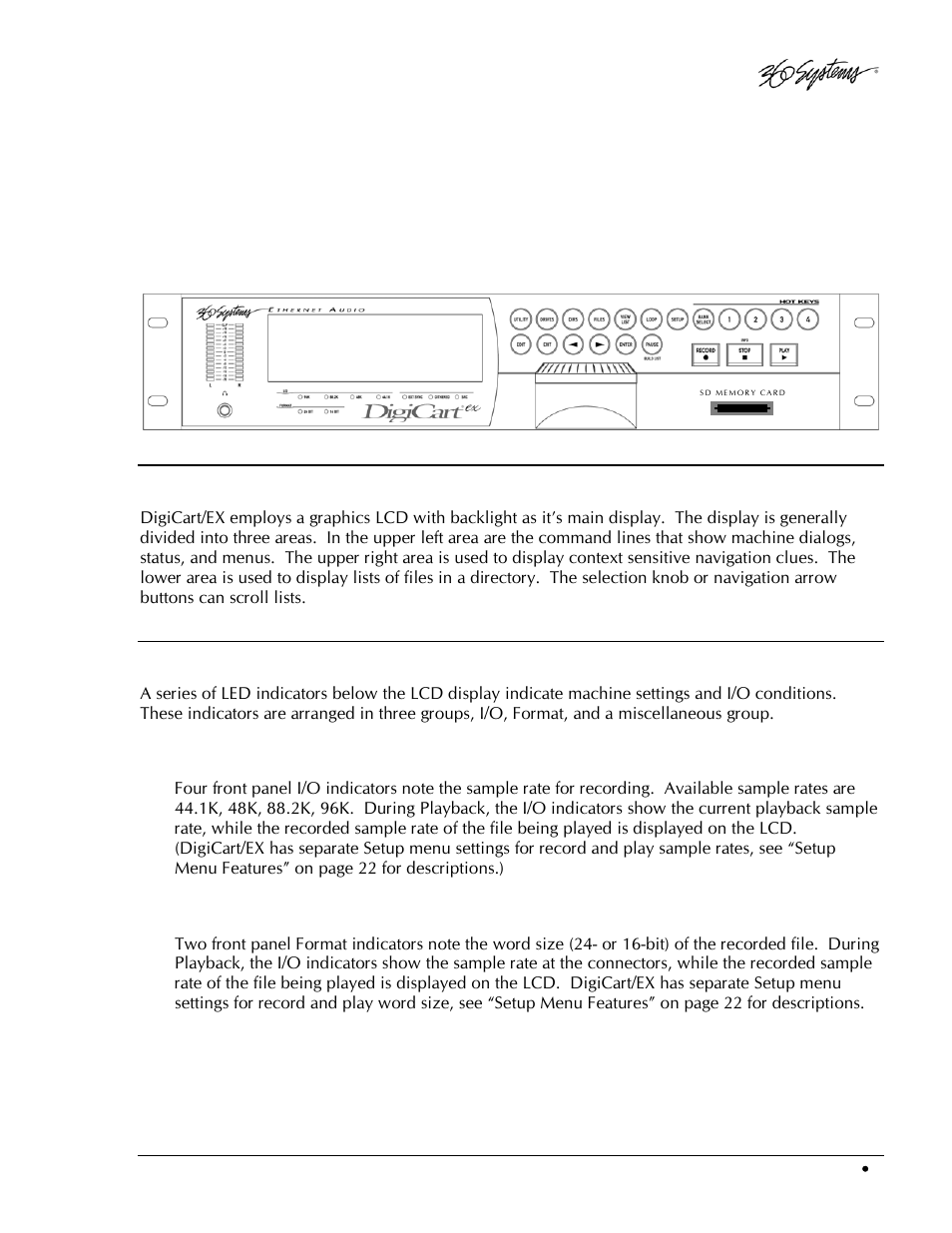 Chapter 2, Control panel, Lcd display | Led indicators, Format | 360 Systems DigiCart/EX User Manual | Page 21 / 117
