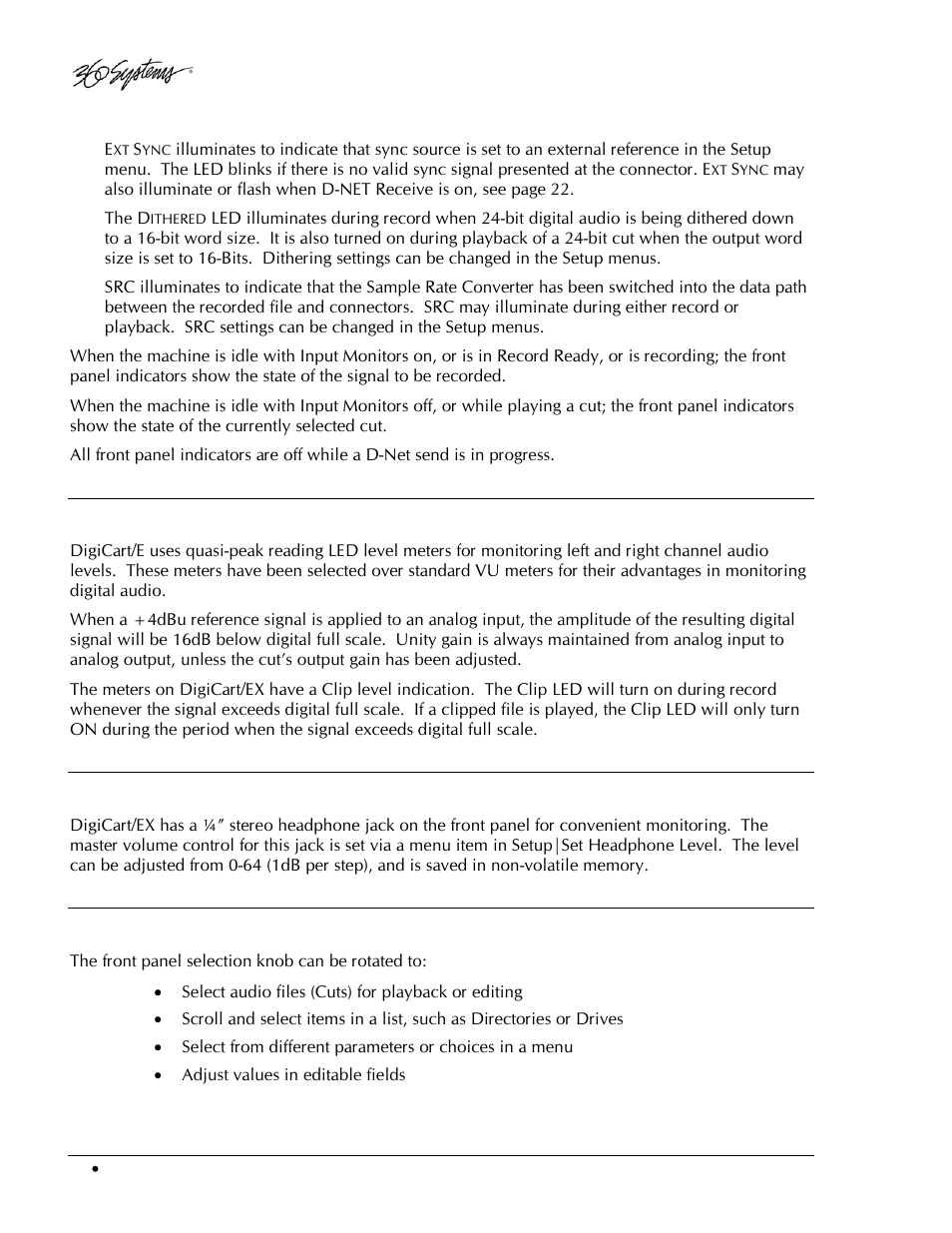 Miscellaneous, Peak level meters, Headphone jack | Selection knob | 360 Systems DigiCart/EX User Manual | Page 22 / 117