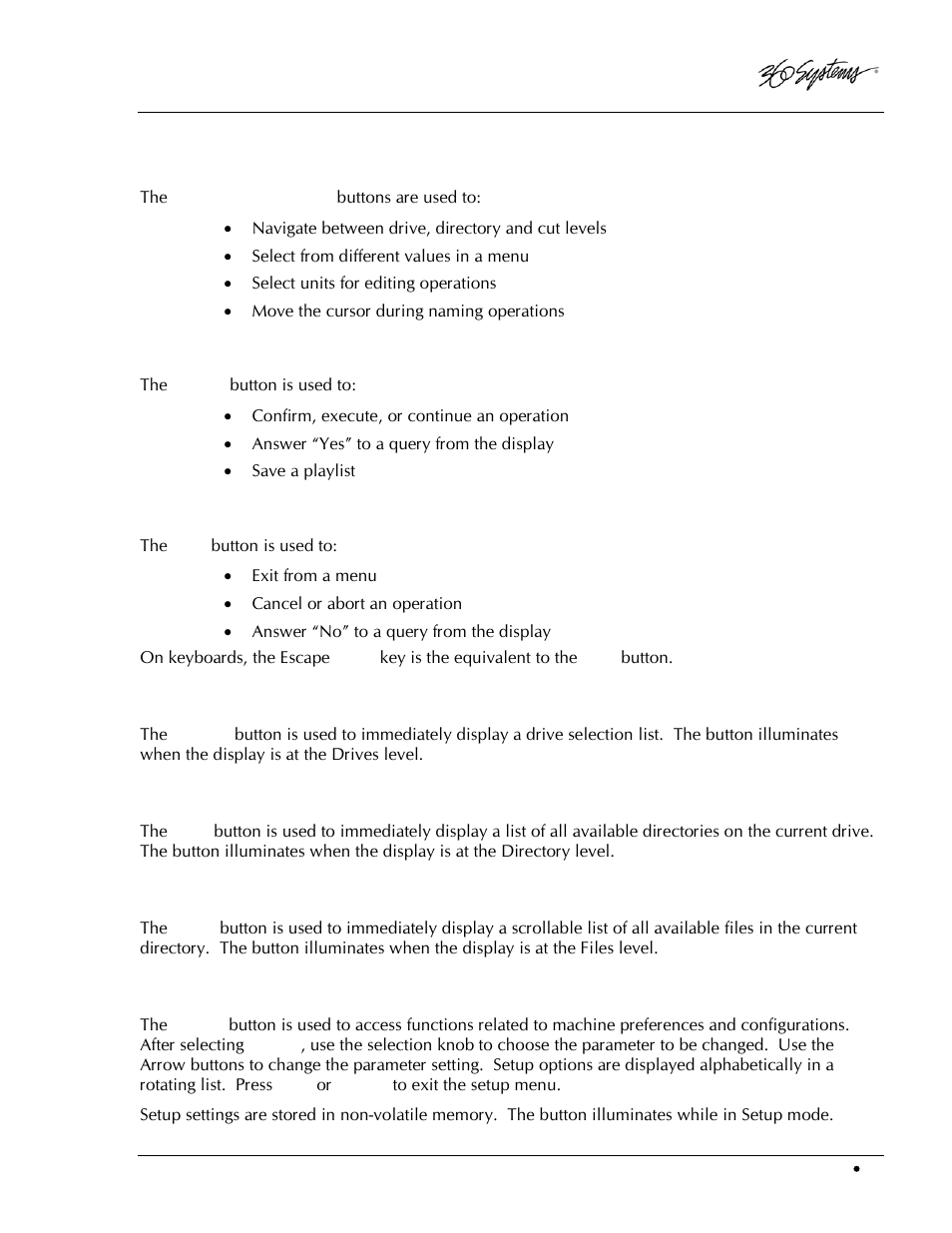 Buttons, Navigation arrows, Enter button | Exit button, Drives button, Dirs button, Files button, Setup button | 360 Systems DigiCart/EX User Manual | Page 23 / 117