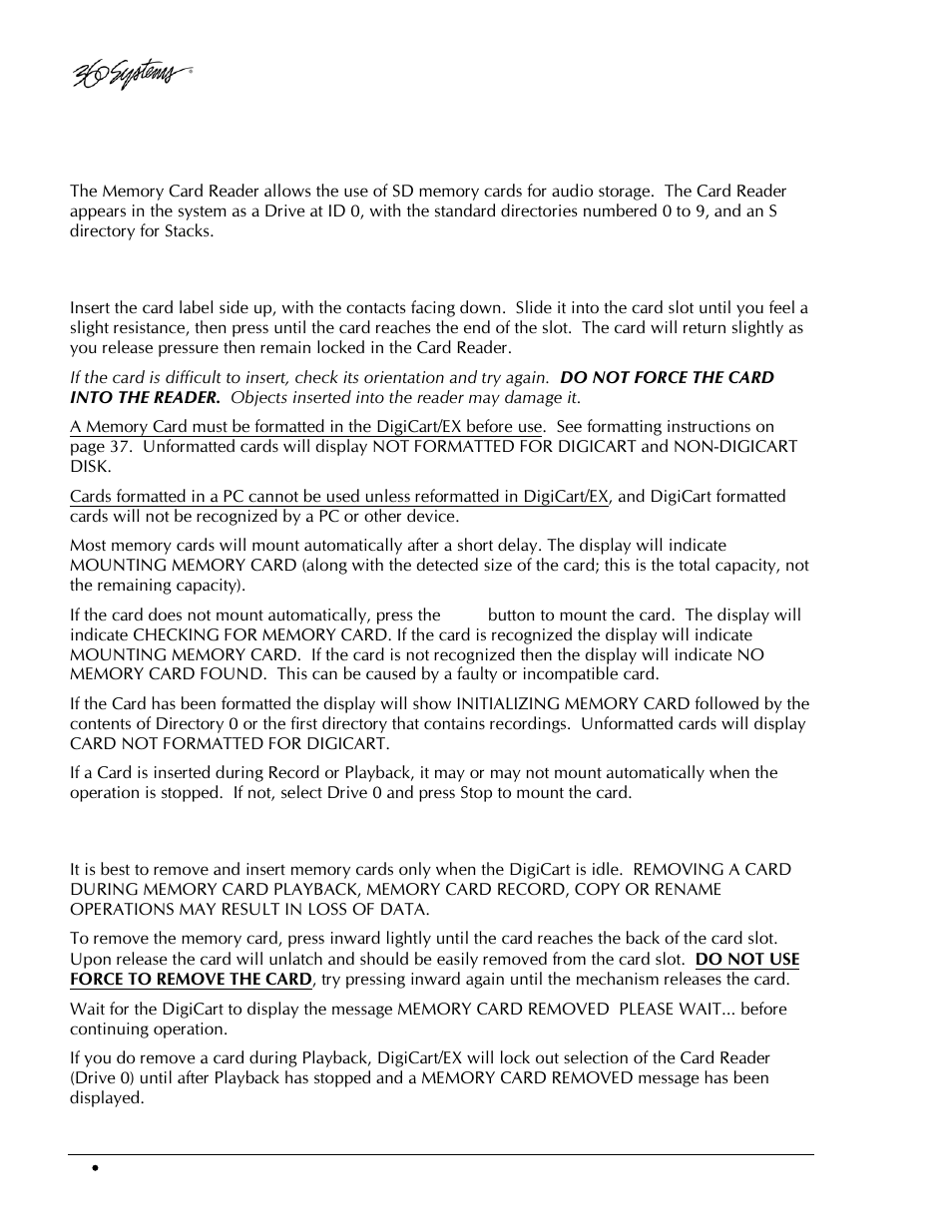 Memory card reader, Memory card insertion, Memory card removal | 360 Systems DigiCart/EX User Manual | Page 26 / 117