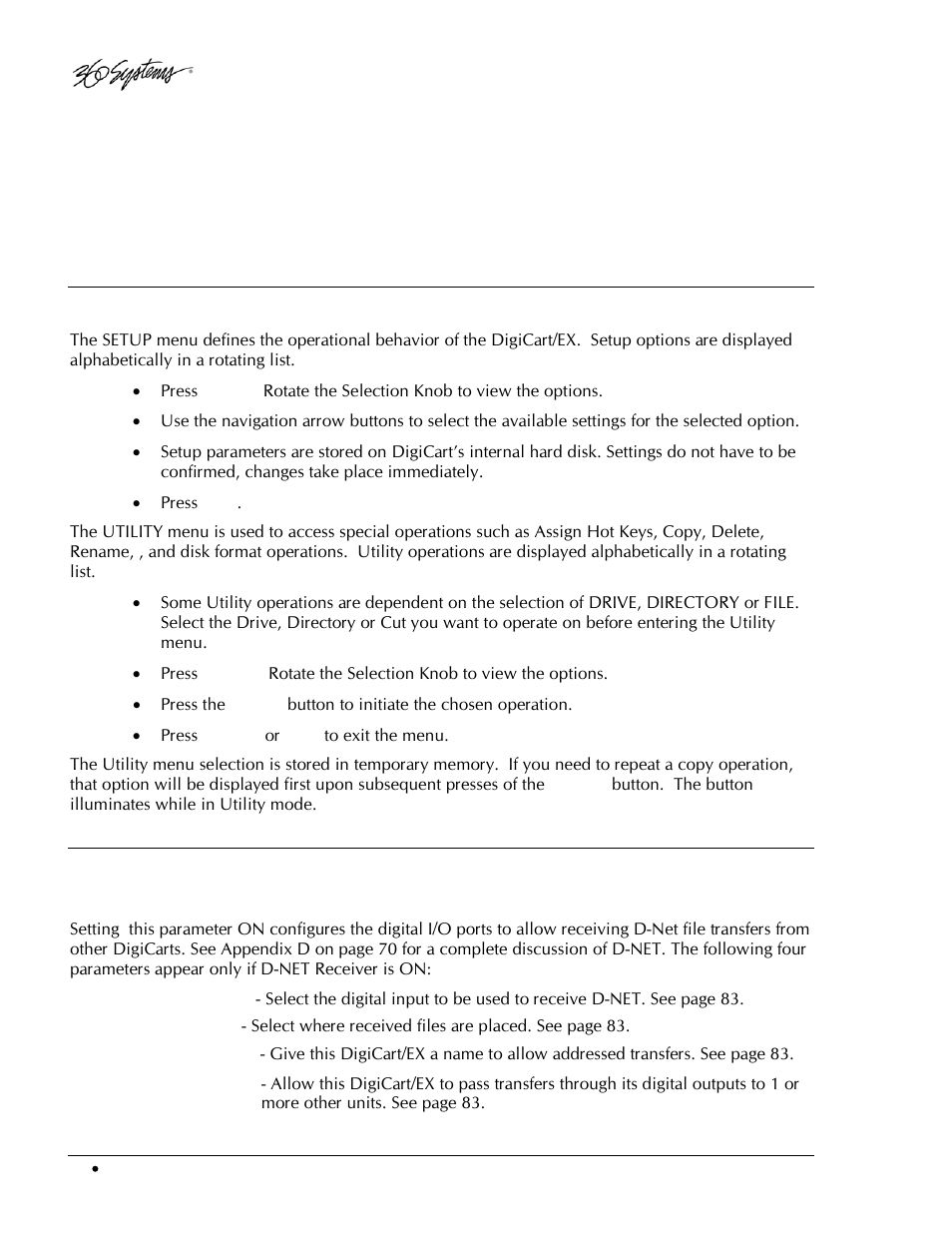Chapter 4, Setup and utility menus, Menu navigation | Setup menu features, D-net receiver, D-net receiver input, D-net receiver dir, D-net receiver name, D-net receiver echo | 360 Systems DigiCart/EX User Manual | Page 34 / 117