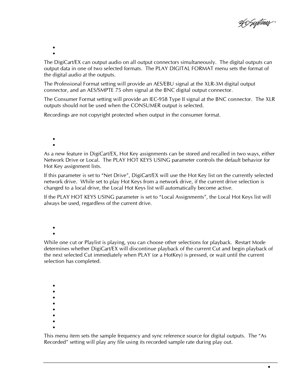 Play digital format, Play hot keys using, Play restart mode | Play sample rate | 360 Systems DigiCart/EX User Manual | Page 35 / 117