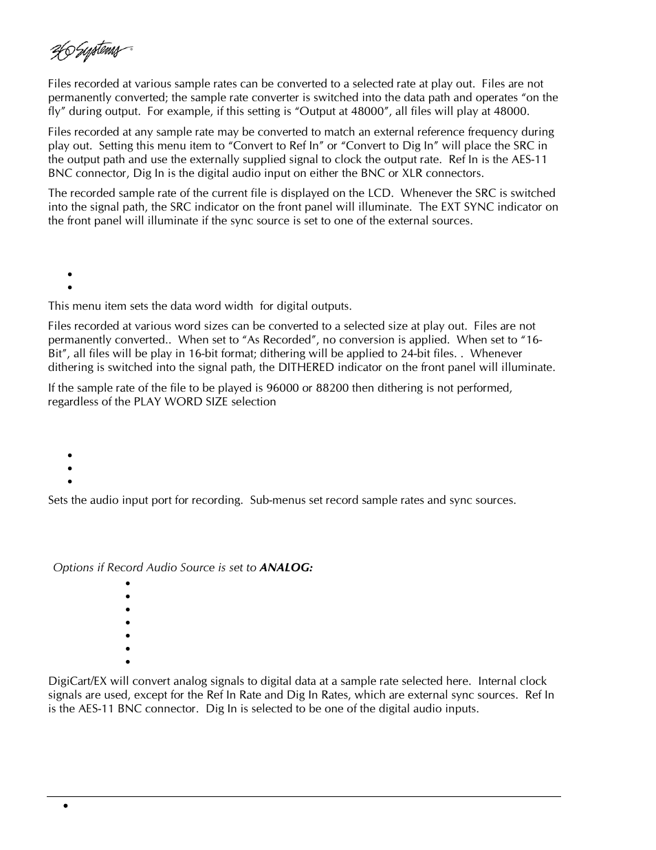 Play word size, Record audio source, Record sample rate | 360 Systems DigiCart/EX User Manual | Page 36 / 117