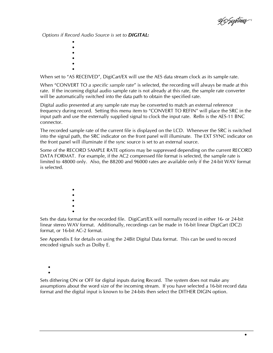 Record data format, Record dithering | 360 Systems DigiCart/EX User Manual | Page 37 / 117