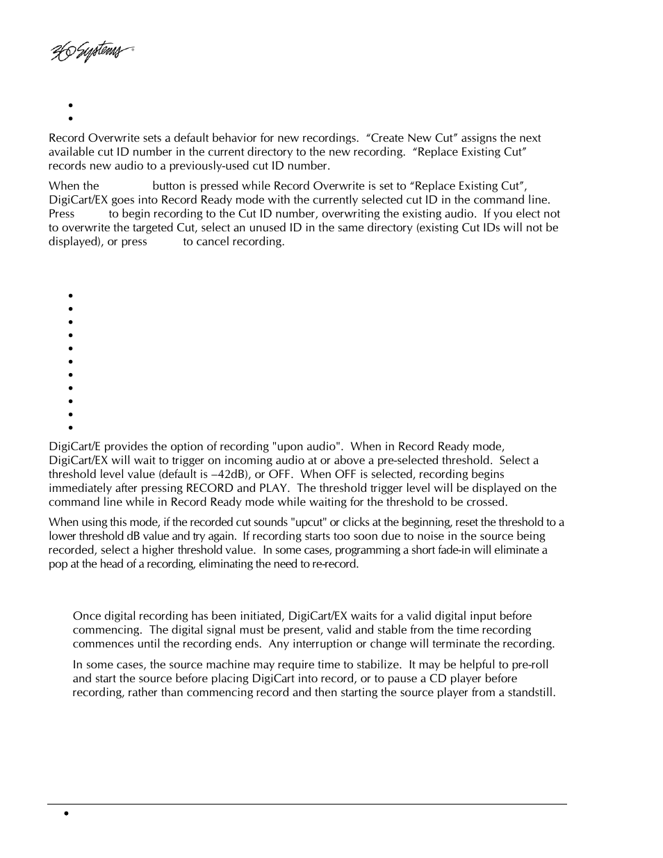 Record overwrite, Record threshold, Threshold recording with a digital input | 360 Systems DigiCart/EX User Manual | Page 38 / 117