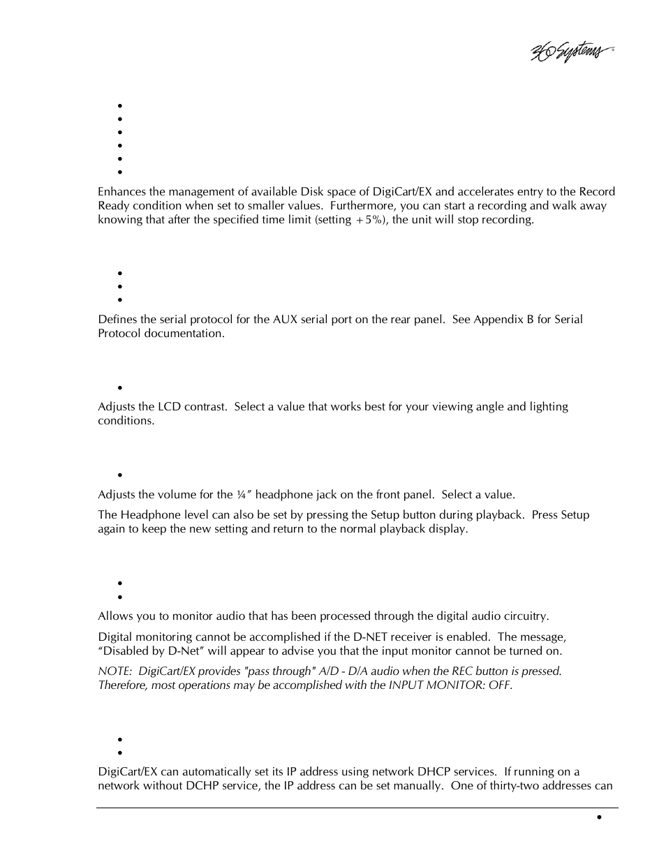 Record time limit, Set aux protocol, Set contrast | Set headphone level, Set input monitor, Set ip address | 360 Systems DigiCart/EX User Manual | Page 39 / 117