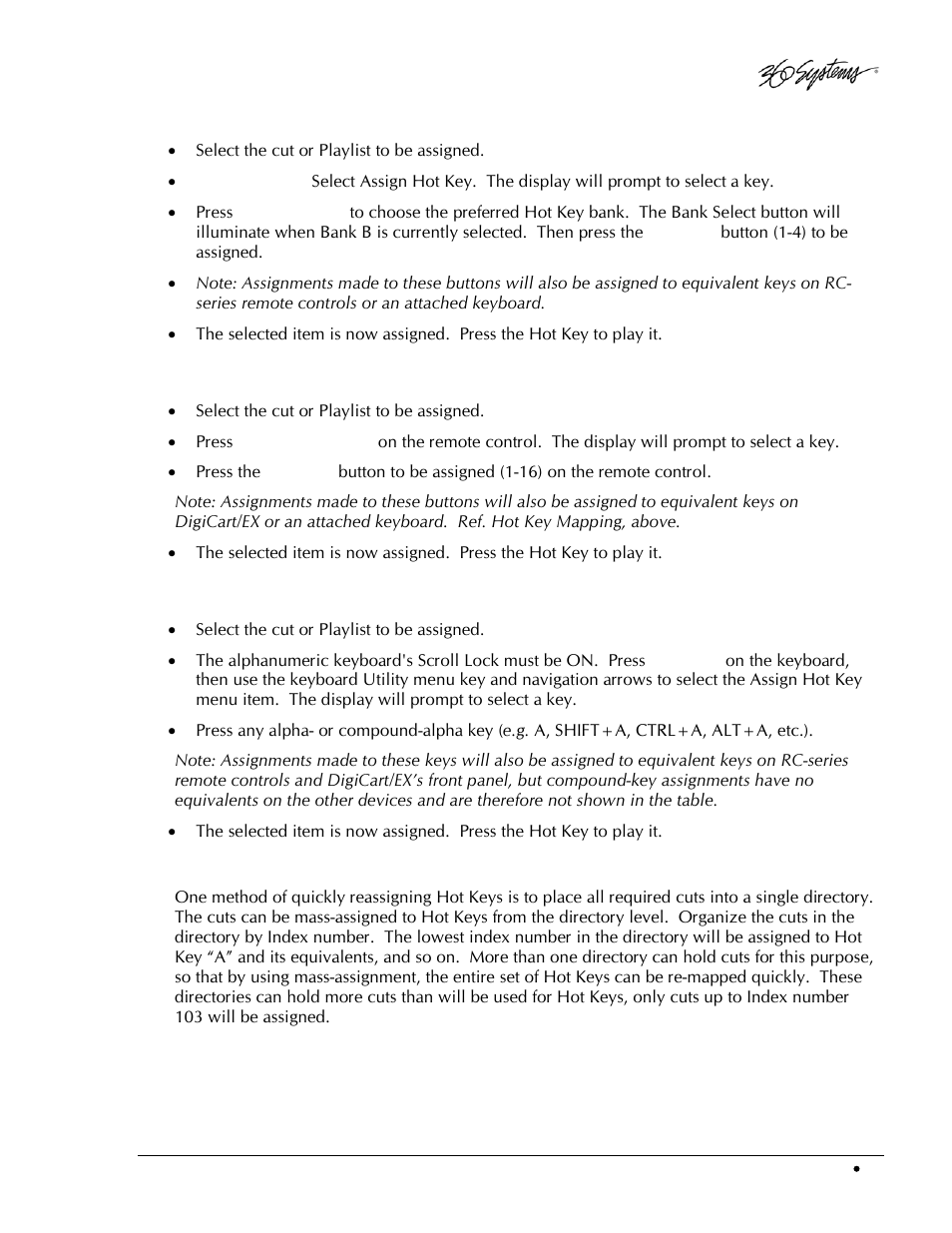 Assigning a hot key on the digicart/ex front panel, Assigning a hot key using an rc-320 remote control, Assigning a hot key using a keyboard | Mass-assignment of hot keys | 360 Systems DigiCart/EX User Manual | Page 43 / 117