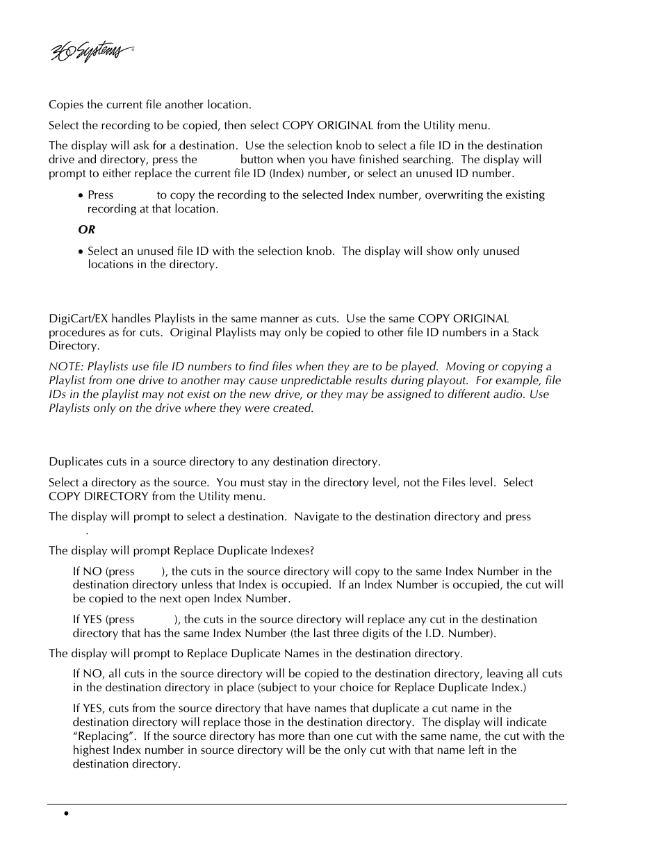 Copying a cut using copy original, Copying a playlist (stack) using copy original, Copying a directory using copy original | 360 Systems DigiCart/EX User Manual | Page 46 / 117