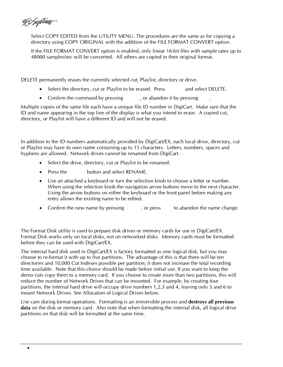 Delete, Rename, Format disk | 360 Systems DigiCart/EX User Manual | Page 48 / 117