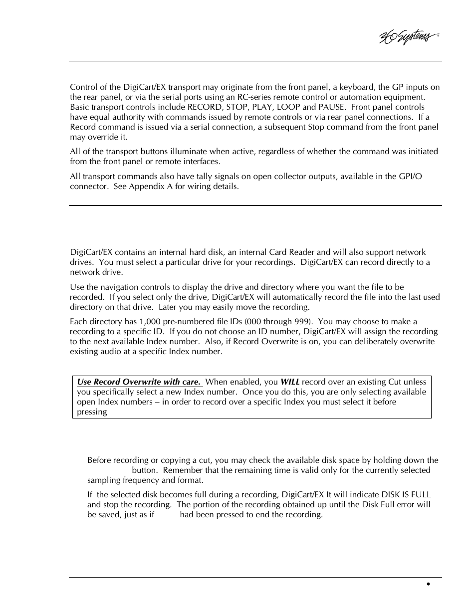 Transport controls, Setup to record, Selecting a file location for recording | Checking available disk space | 360 Systems DigiCart/EX User Manual | Page 53 / 117