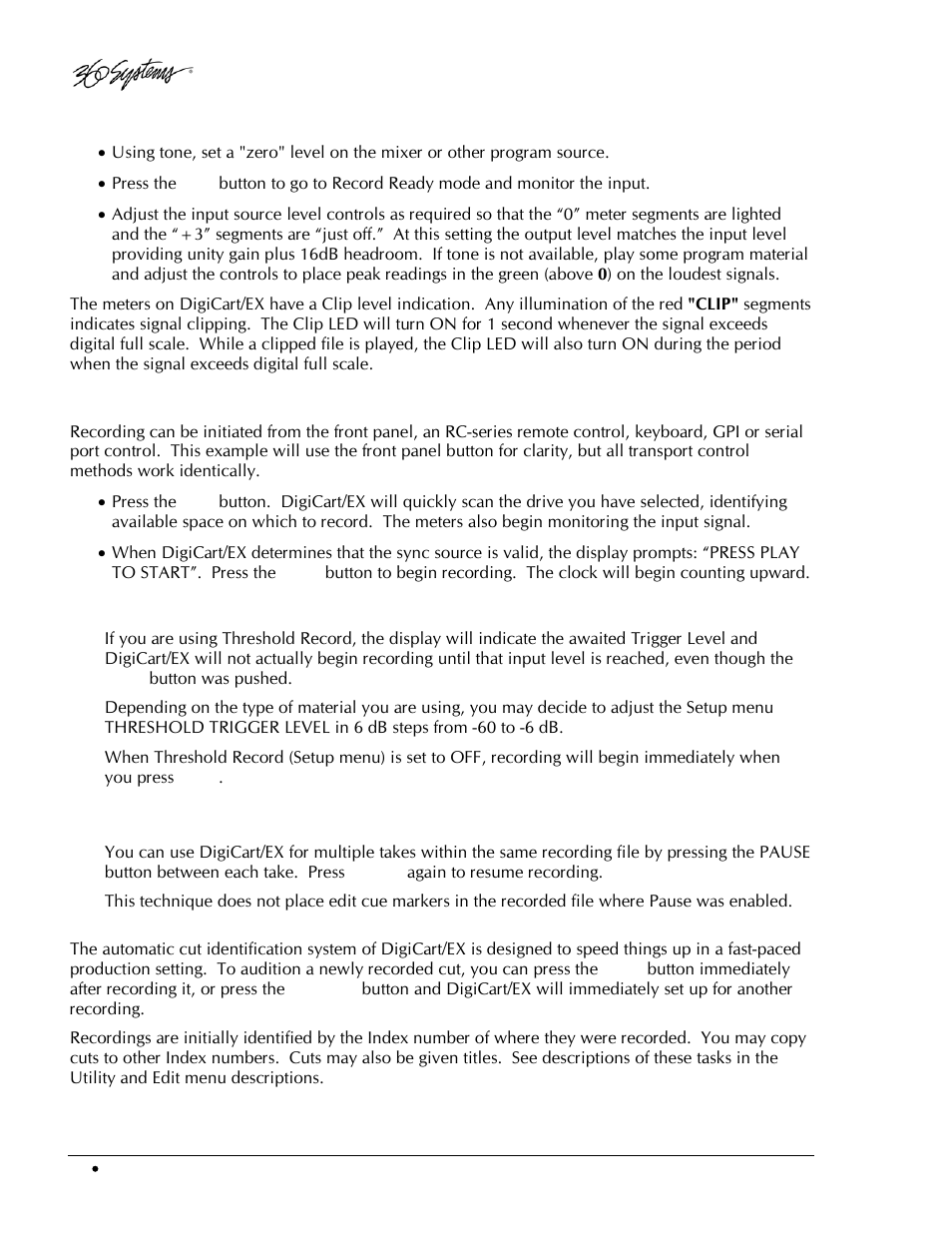 Setting record levels, Recording commands, Threshold record | Pause during record | 360 Systems DigiCart/EX User Manual | Page 54 / 117
