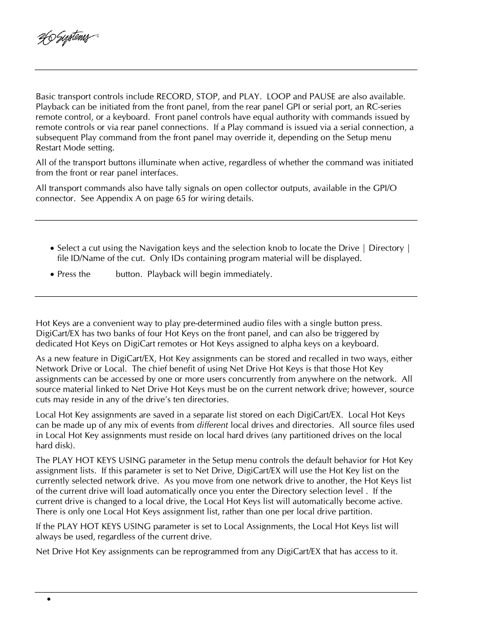 Transport controls, Playing a single cut, Hot keys | 360 Systems DigiCart/EX User Manual | Page 56 / 117