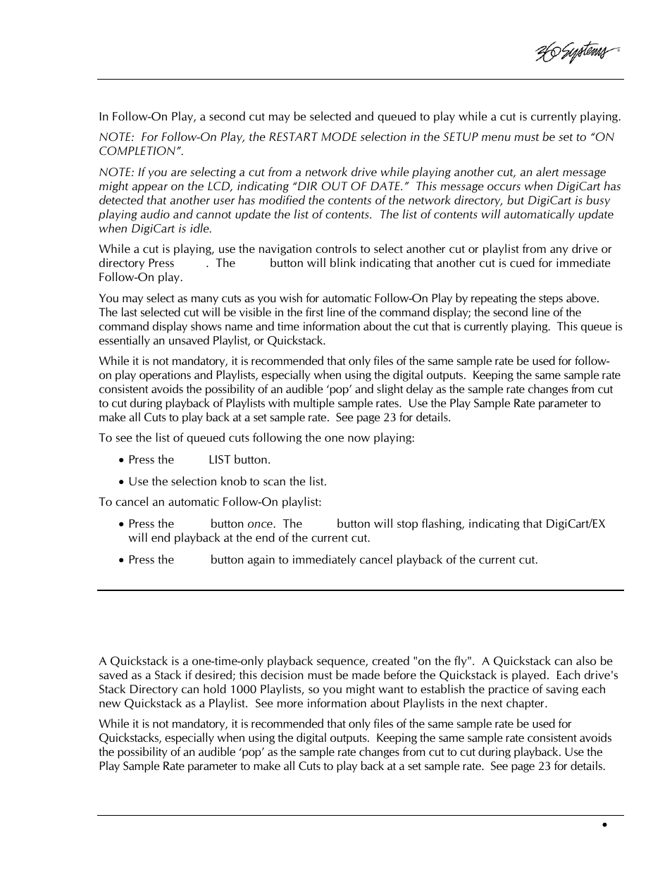 Playing multiple cuts — follow-on play, Quickstacks, Creating a quickstack | 360 Systems DigiCart/EX User Manual | Page 57 / 117