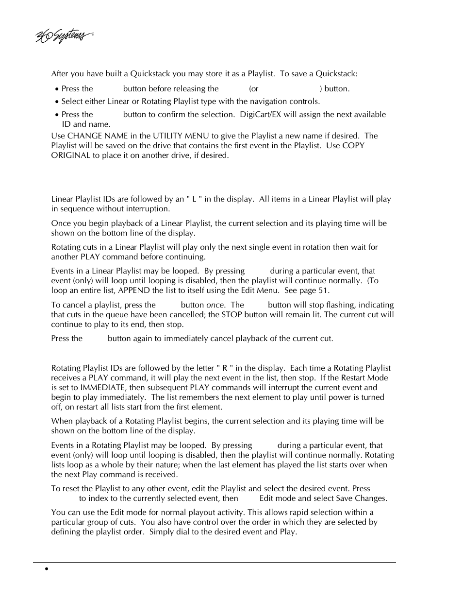 Saving a playlist, Playing a playlist, Playing a linear playlist | Playing a rotating playlist | 360 Systems DigiCart/EX User Manual | Page 62 / 117
