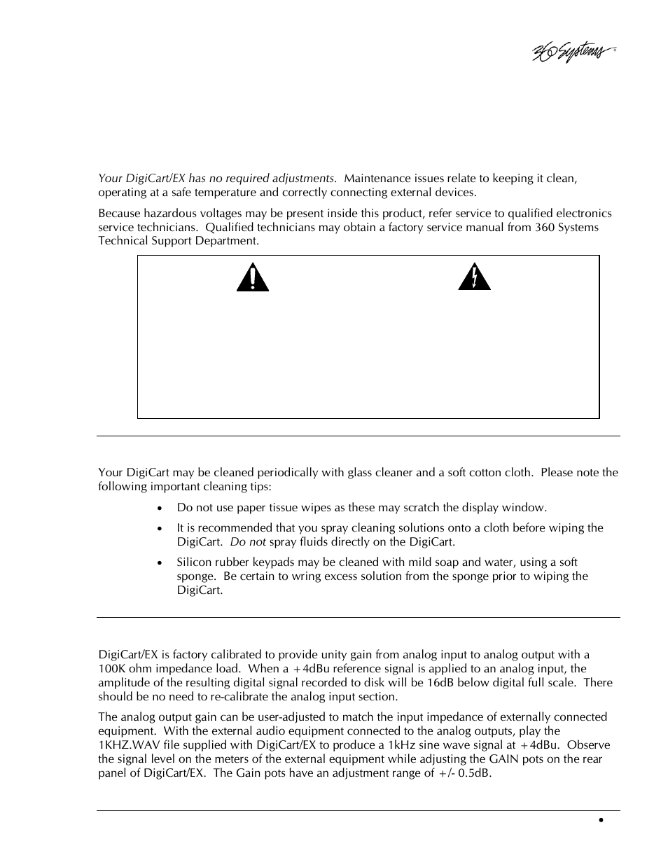 Chapter 9, Maintenance, Warning | General cleaning, Calibration | 360 Systems DigiCart/EX User Manual | Page 71 / 117