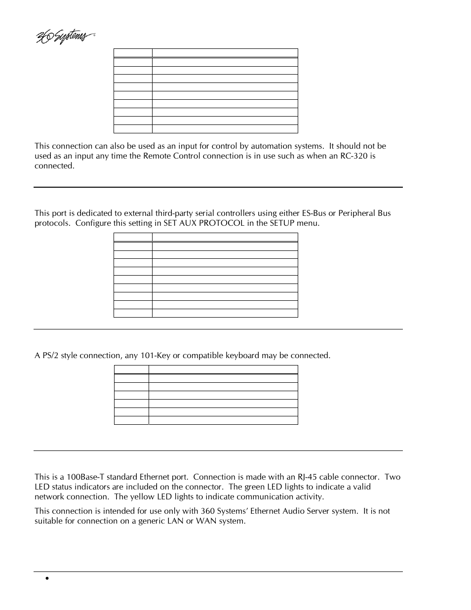 Aux serial port, Keyboard port, Network port | 360 Systems DigiCart/EX User Manual | Page 78 / 117