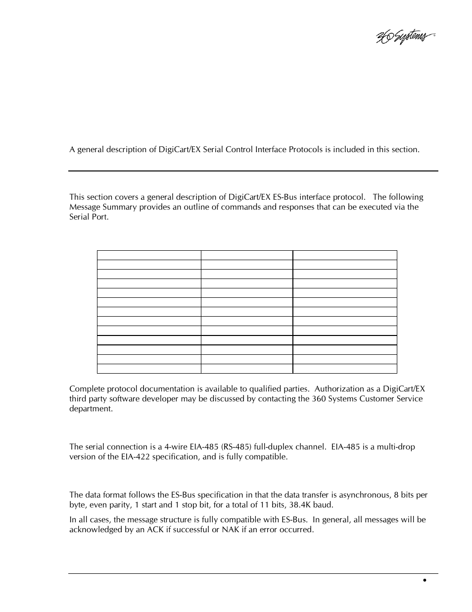 Appendix b, Serial control protocols, Digicart/es-bus | Host device message summary, Hardware format, Data format | 360 Systems DigiCart/EX User Manual | Page 79 / 117
