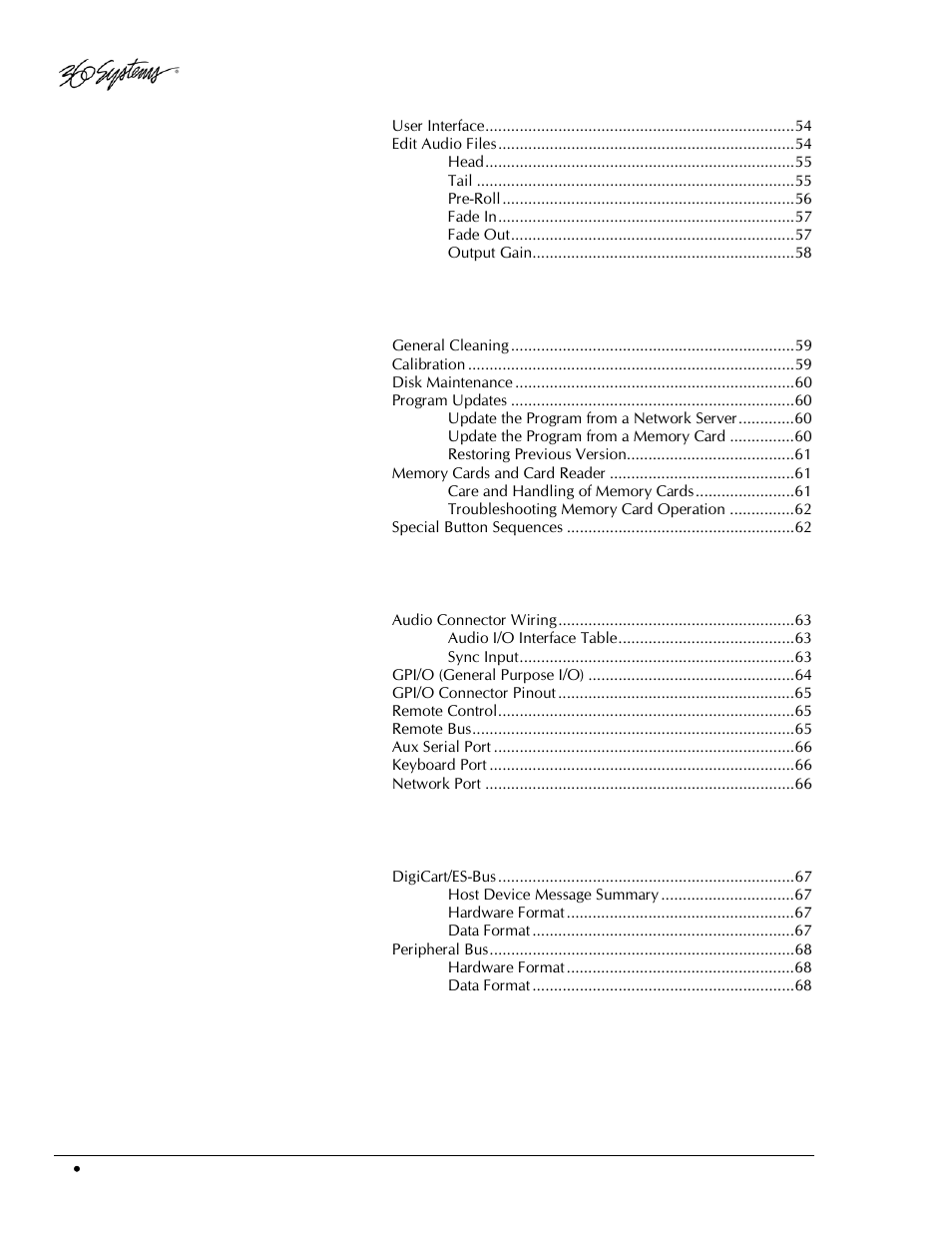Audio editing, Chapter 9, Maintenance | Appendix a, Interface wiring, Appendix b, Serial control protocols, Appendix c, Digicart history | 360 Systems DigiCart/EX User Manual | Page 8 / 117
