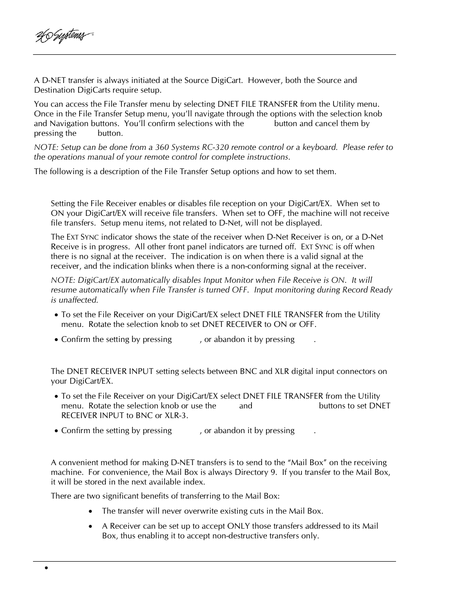 D-net setup, D-net receiver, Selecting the d-net input connector | Mail box and destination location transfers | 360 Systems DigiCart/EX User Manual | Page 84 / 117