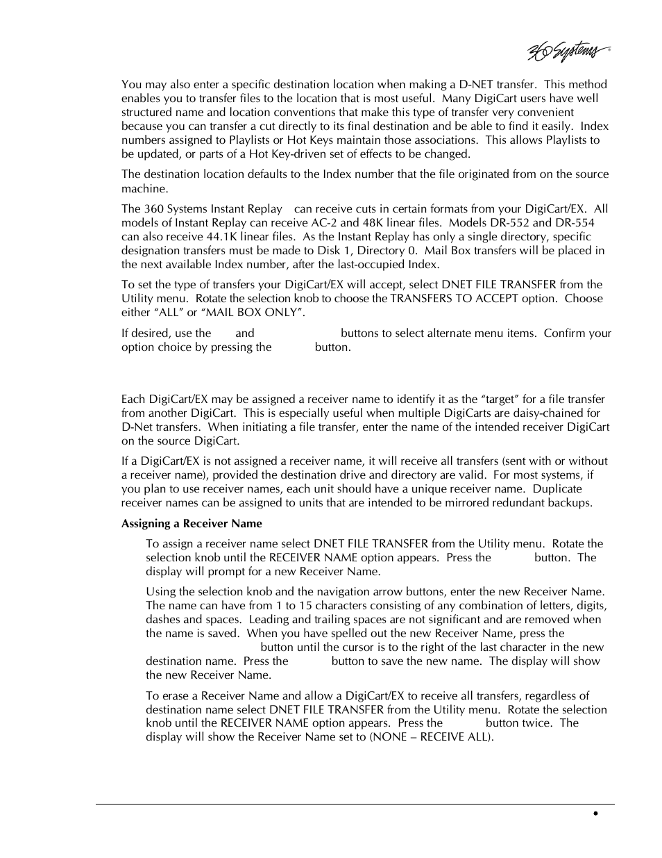 Receiver names and destination names | 360 Systems DigiCart/EX User Manual | Page 85 / 117