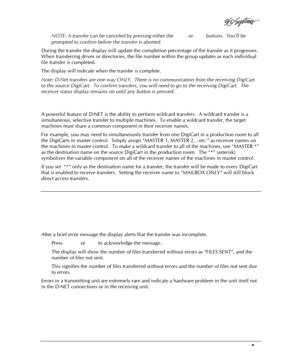 Wildcard transfers, Transfer messages, Source machine displays | Incomplete transfer | 360 Systems DigiCart/EX User Manual | Page 87 / 117