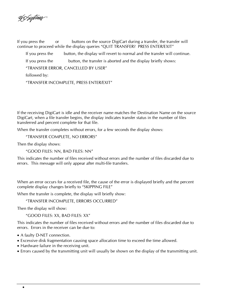 Aborted transfer, Receiving machine displays, Display during transfer | During error occurrence | 360 Systems DigiCart/EX User Manual | Page 88 / 117