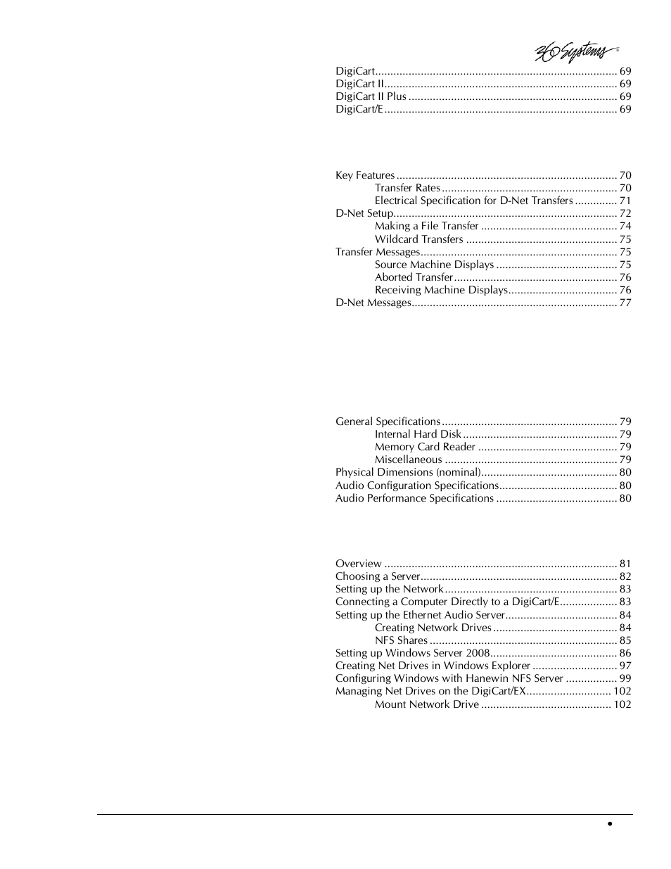 Appendix d, D-net file transfer, Appendix e | Recording encoded digital data, Appendix f, Technical specifications, Appendix n, Networking, Index | 360 Systems DigiCart/EX User Manual | Page 9 / 117