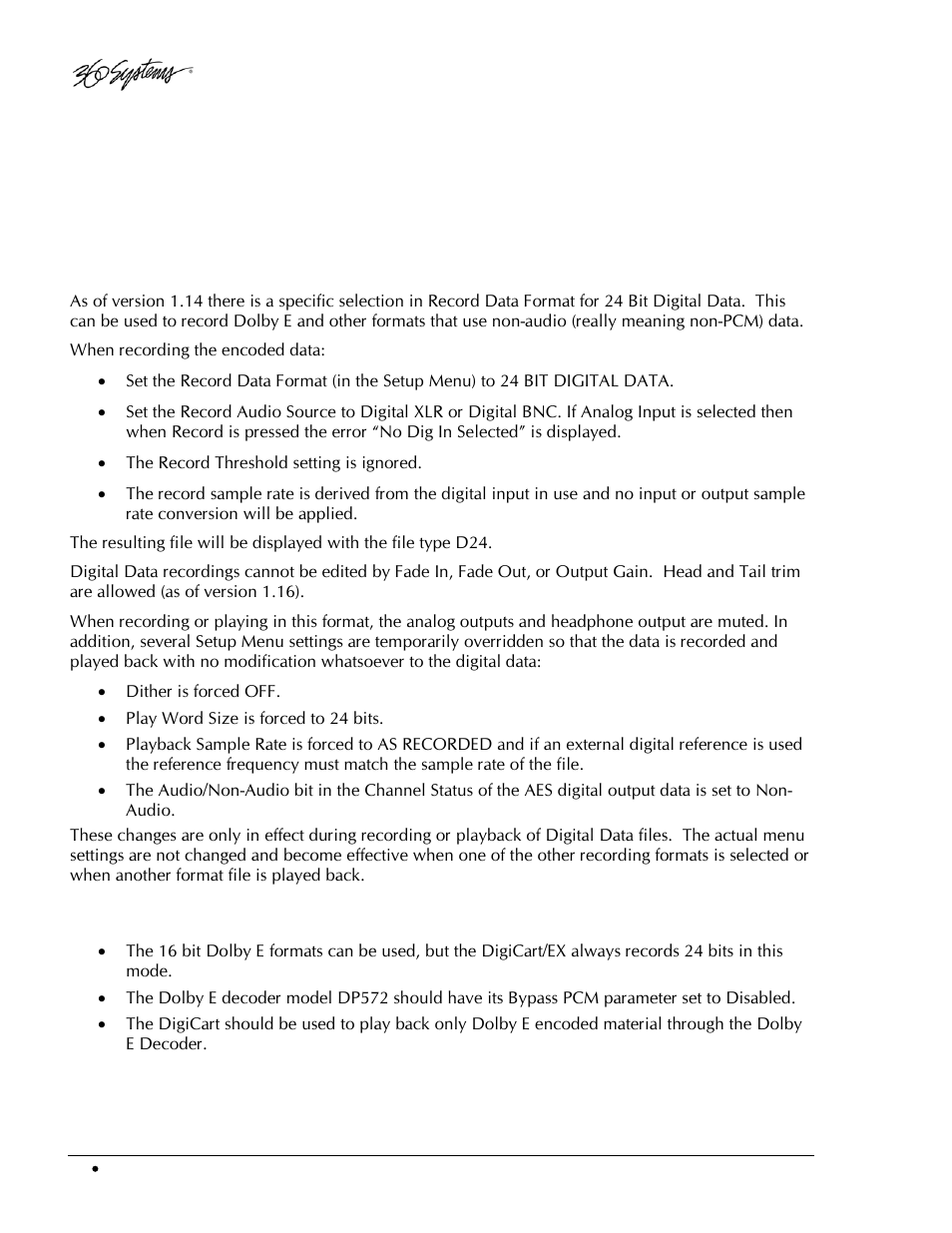 Appendix e, Recording encoded digital data, Notes on use with dolby e | 360 Systems DigiCart/EX User Manual | Page 90 / 117