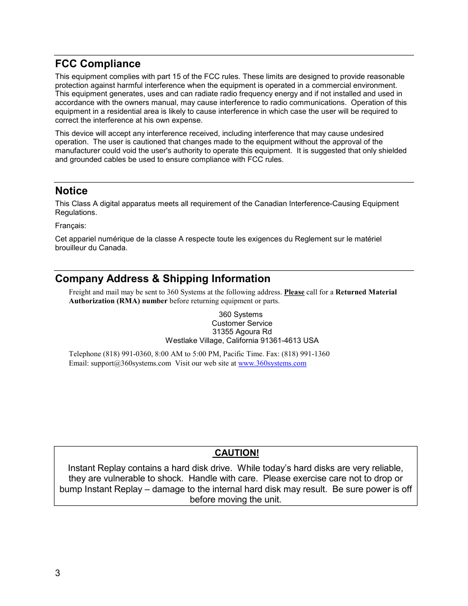 Fcc compliance, Notice, Company address & shipping information | 360 Systems Instant Replay 2 User Manual | Page 3 / 47