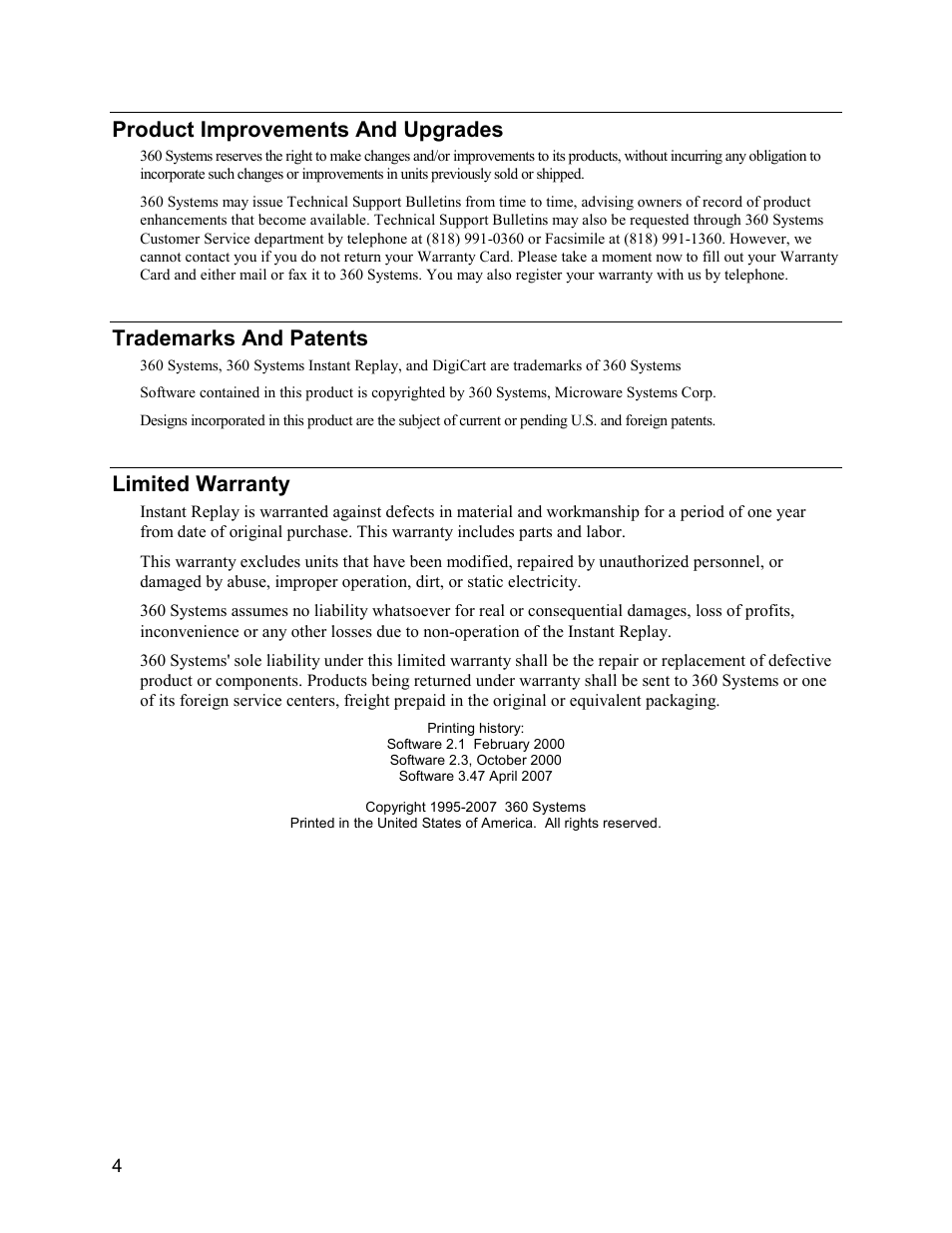 Product improvements and upgrades, Trademarks and patents, Limited warranty | 360 Systems Instant Replay 2 User Manual | Page 4 / 47