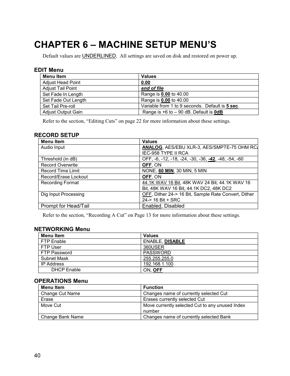 Chapter 6 – machine setup menu’s | 360 Systems Instant Replay 2 User Manual | Page 40 / 47