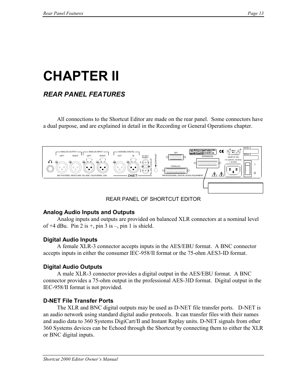 Chapter ii, Rear panel features, Rear panel of shortcut editor | 360 Systems Short/Cut Editor User Manual | Page 21 / 84