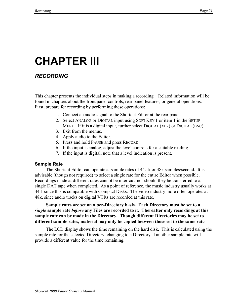 Chapter iii, Recording | 360 Systems Short/Cut Editor User Manual | Page 29 / 84