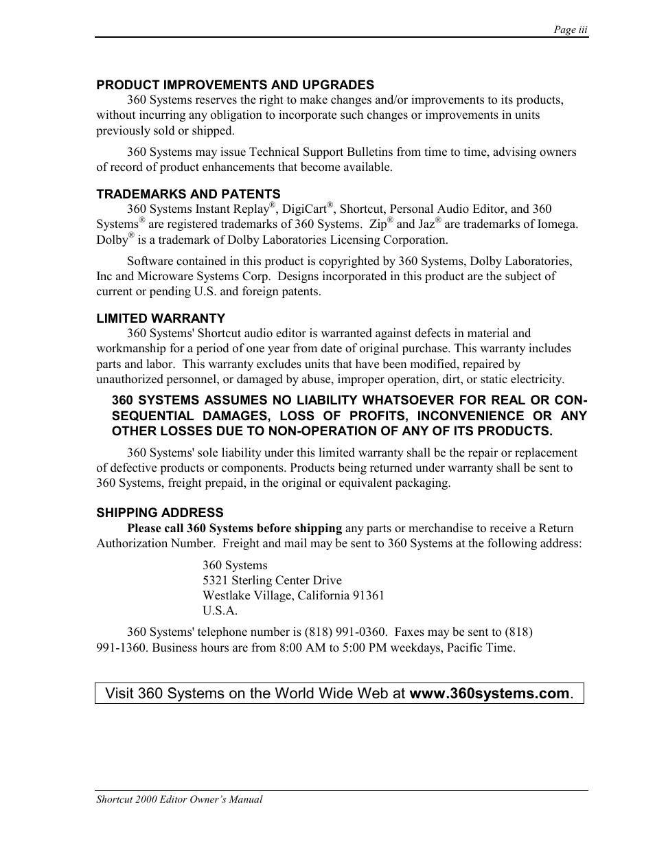 360 Systems Short/Cut Editor User Manual | Page 3 / 84