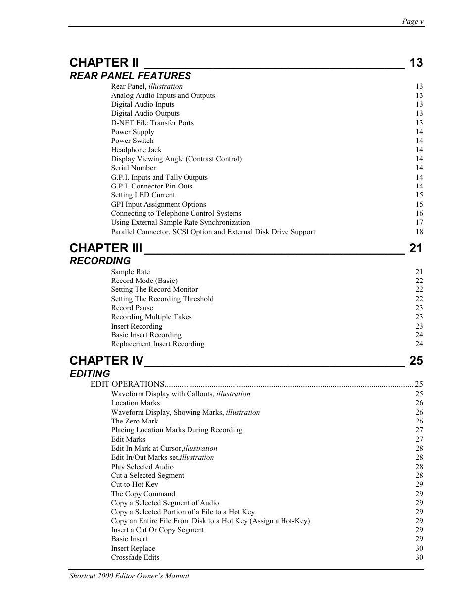 Chapter ii, Chapter iii, Chapter iv | Rear panel features, Recording, Editing | 360 Systems Short/Cut Editor User Manual | Page 5 / 84