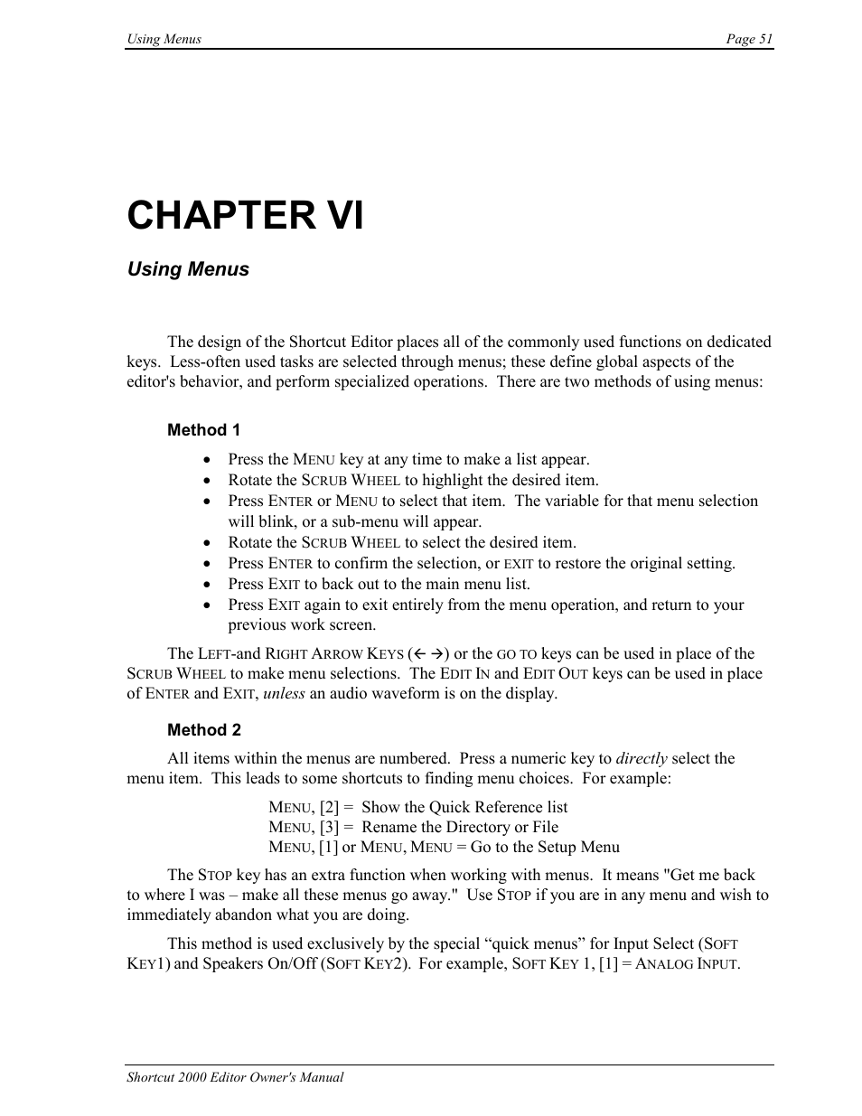 Chapter vi, Using menus | 360 Systems Short/Cut Editor User Manual | Page 59 / 84