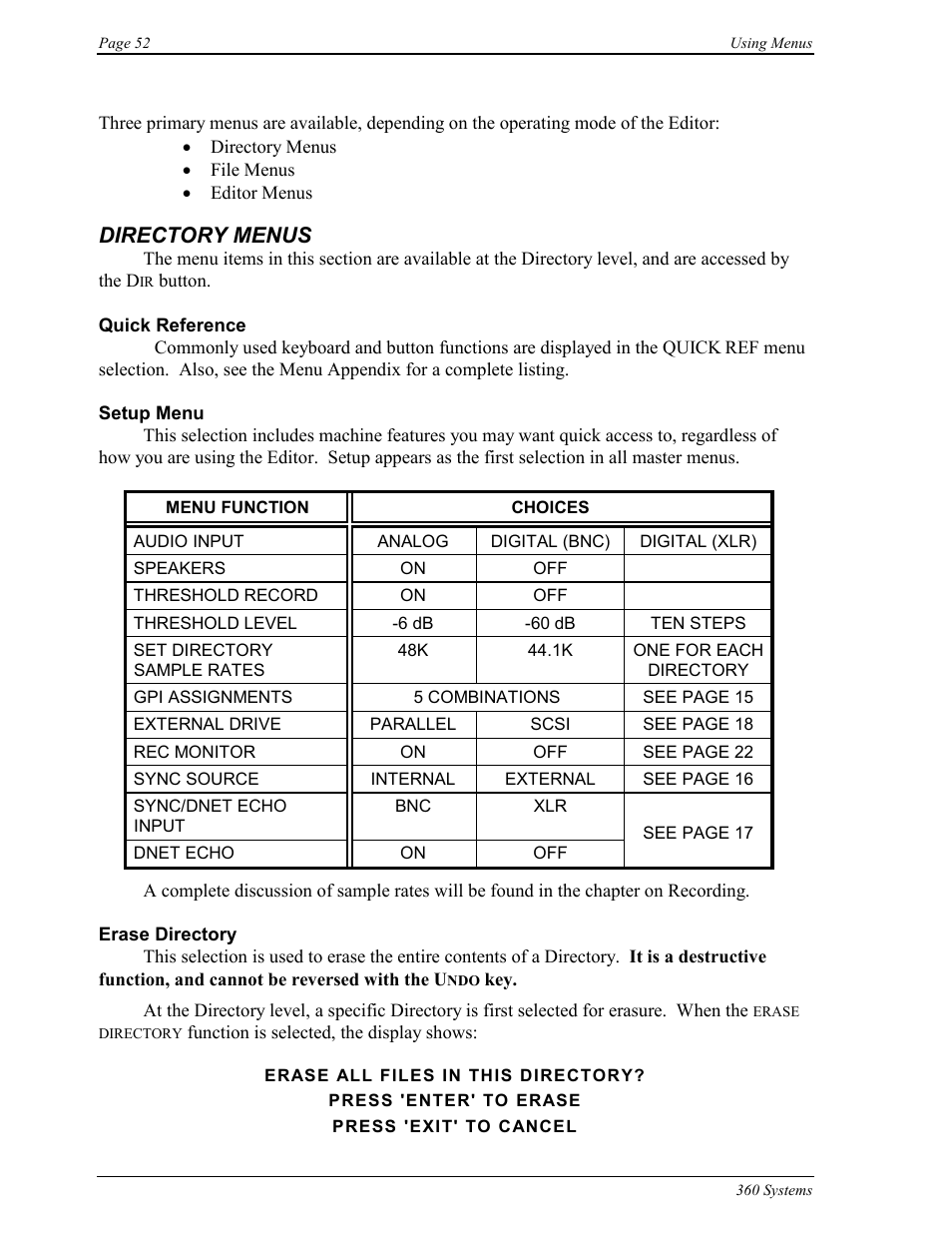 Directory menus | 360 Systems Short/Cut Editor User Manual | Page 60 / 84