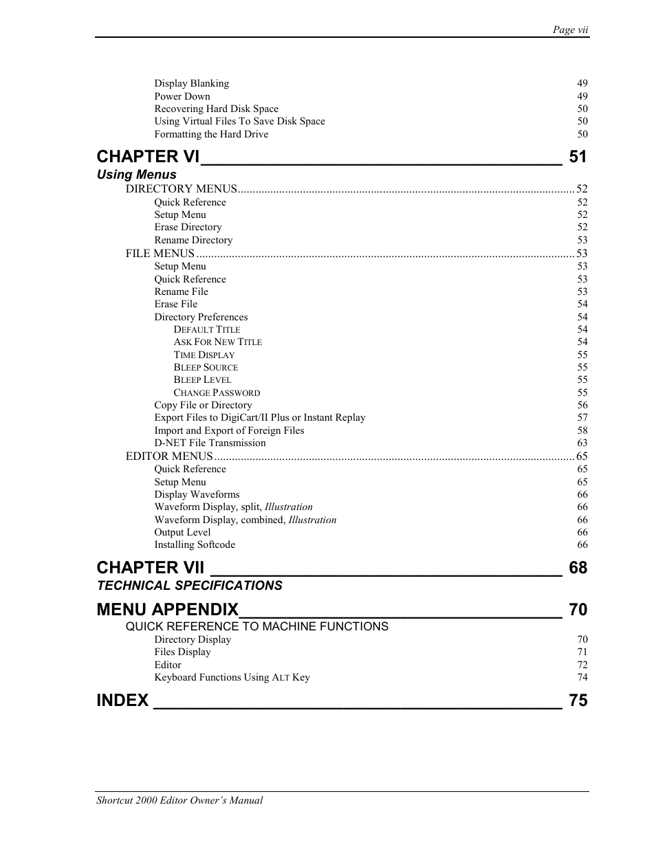 Chapter vi, Chapter vii, Menu appendix | Index | 360 Systems Short/Cut Editor User Manual | Page 7 / 84