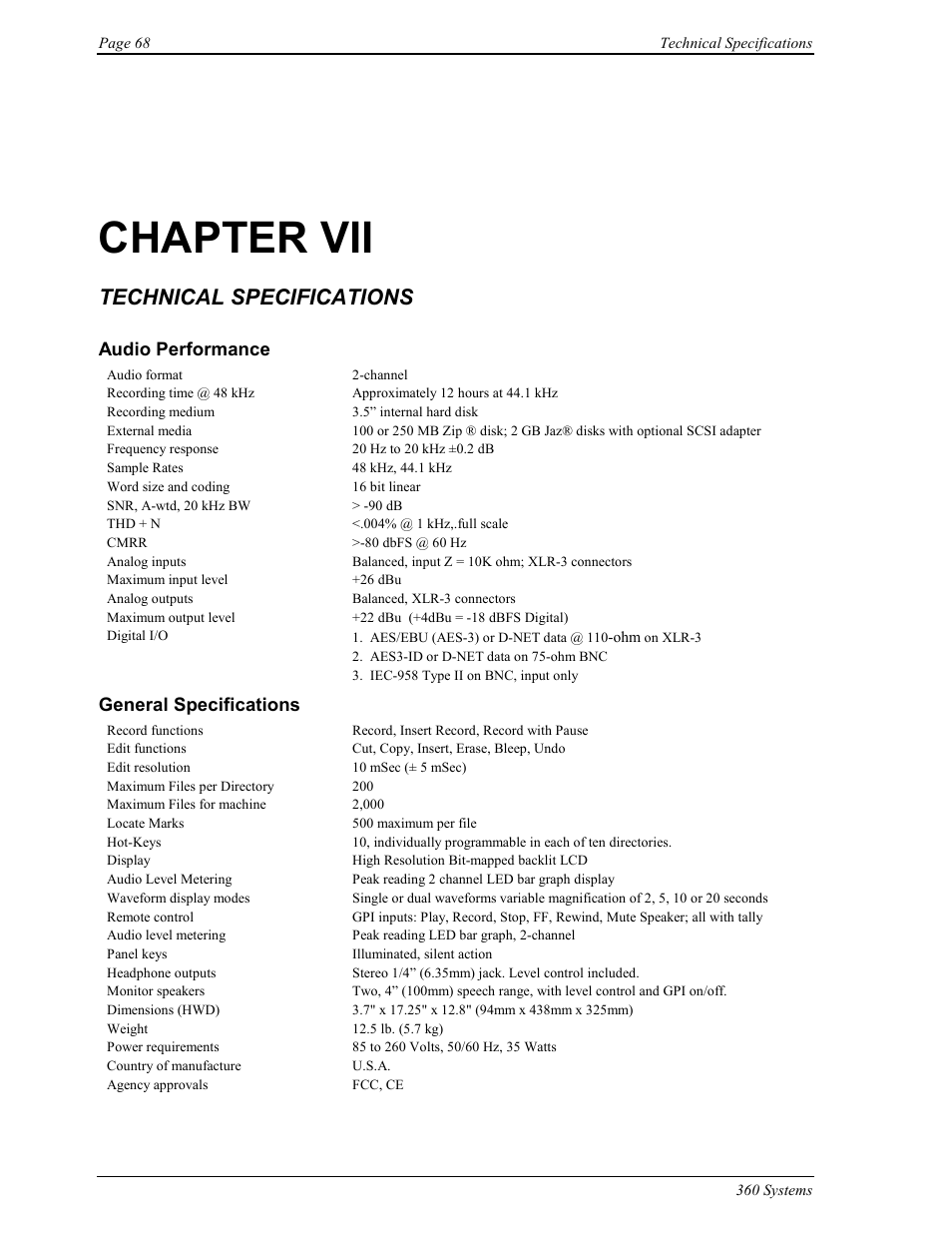 Chapter vii, Technical specifications, Audio performance | General specifications | 360 Systems Short/Cut Editor User Manual | Page 76 / 84