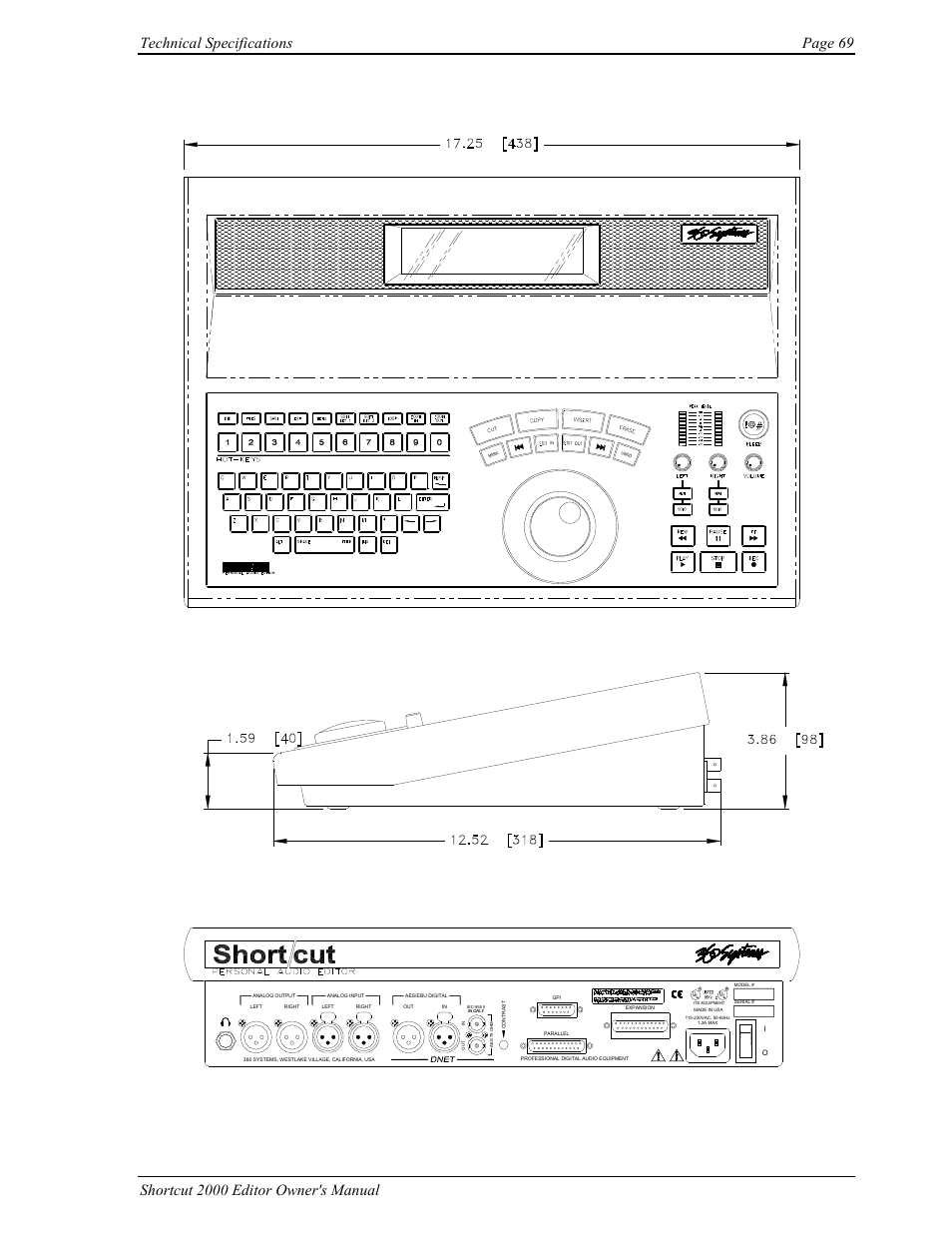 Technical specifications page 69, Shortcut 2000 editor owner's manual | 360 Systems Short/Cut Editor User Manual | Page 77 / 84
