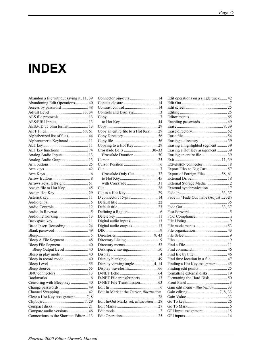 Index | 360 Systems Short/Cut Editor User Manual | Page 83 / 84