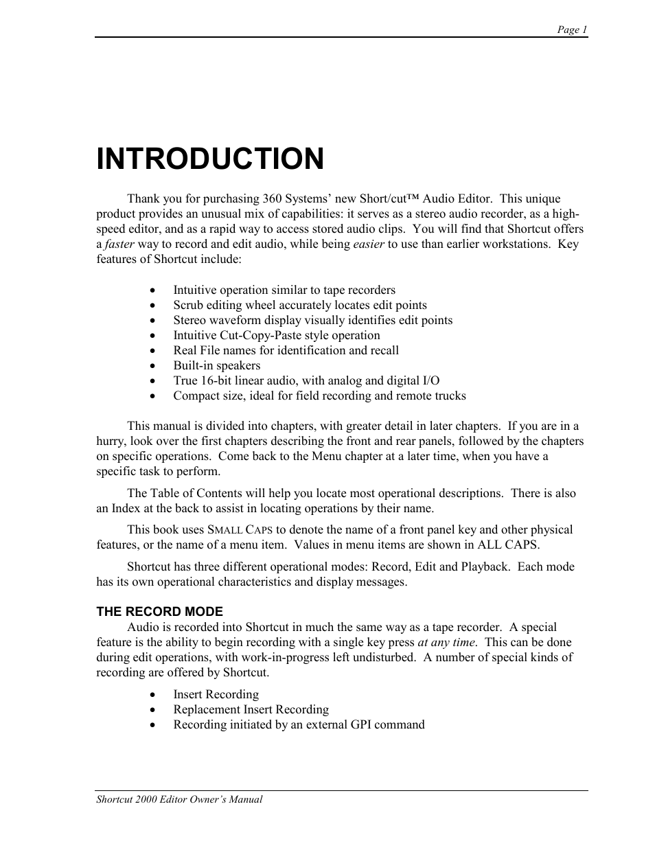 Introduction | 360 Systems Short/Cut Editor User Manual | Page 9 / 84