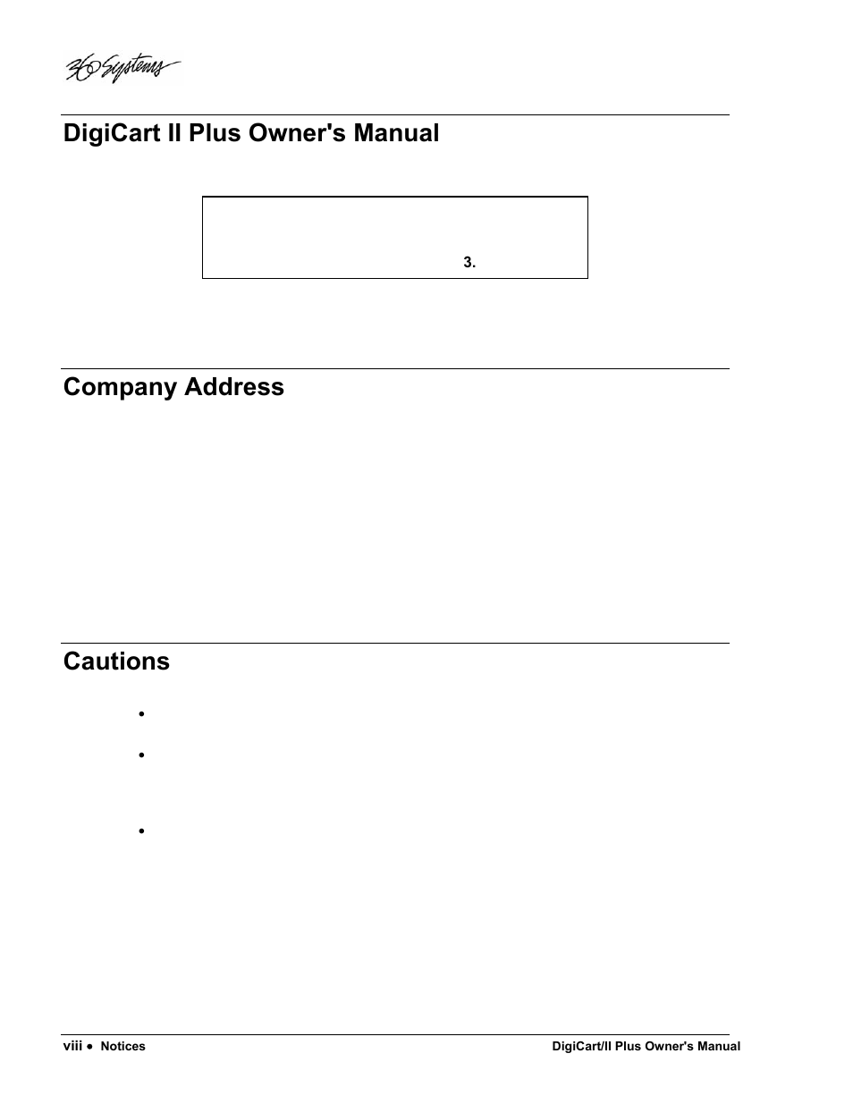 Digicart ii plus owner's manual, Company address, Cautions | 360 Systems DigiCart/II Plus User Manual | Page 10 / 109