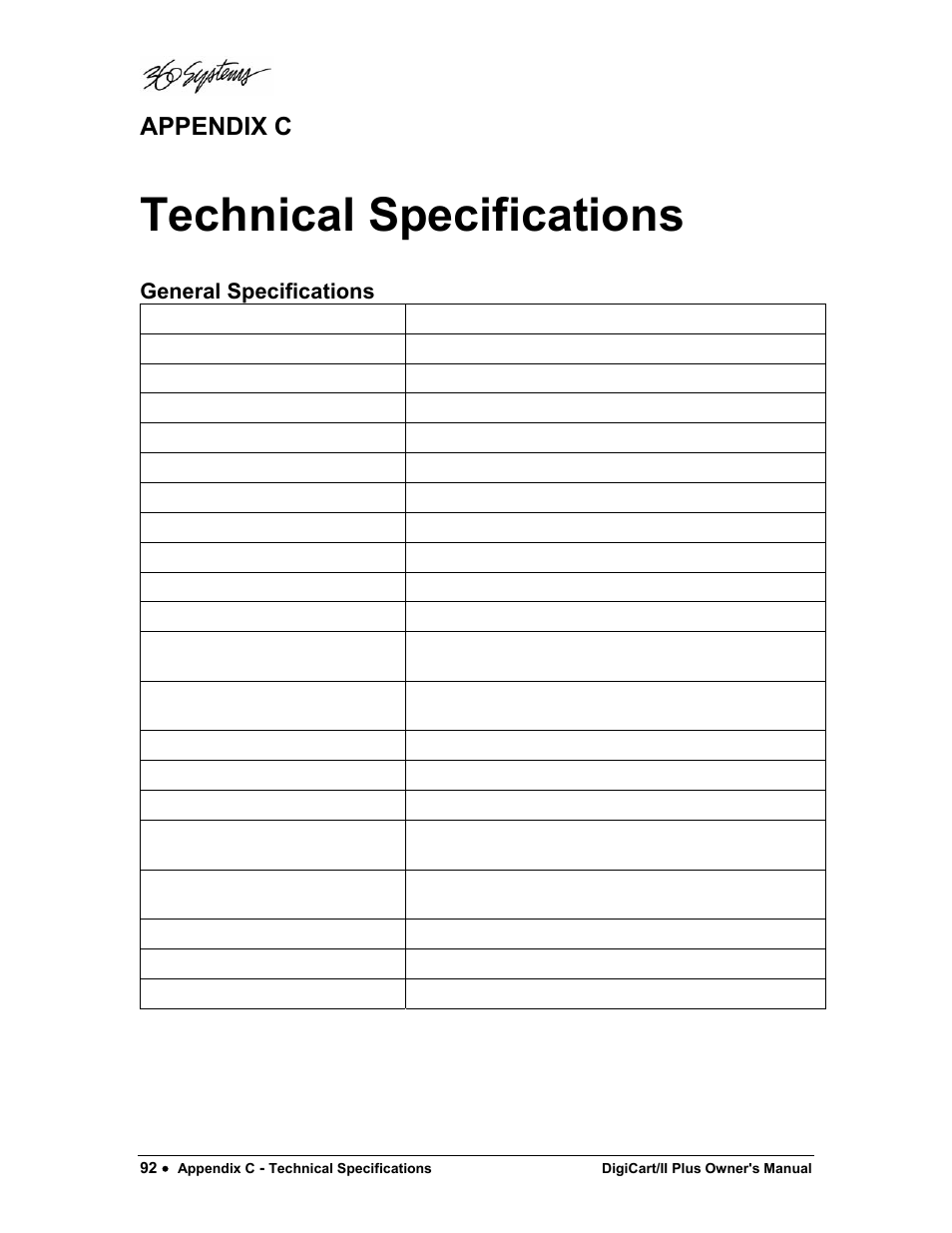 Technical specifications, Appendix c, General specifications | 360 Systems DigiCart/II Plus User Manual | Page 104 / 109