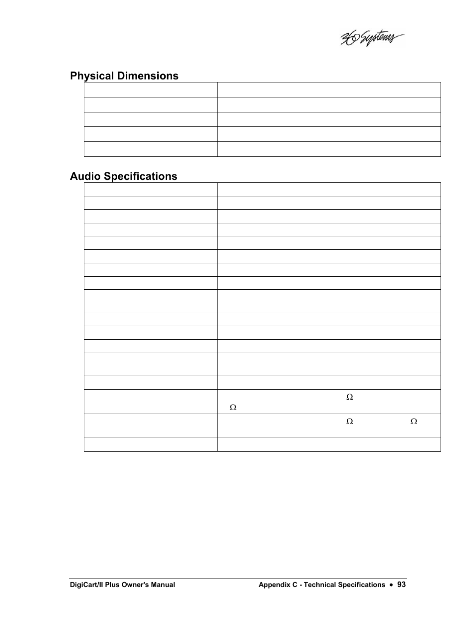 Physical dimensions, Audio specifications | 360 Systems DigiCart/II Plus User Manual | Page 105 / 109