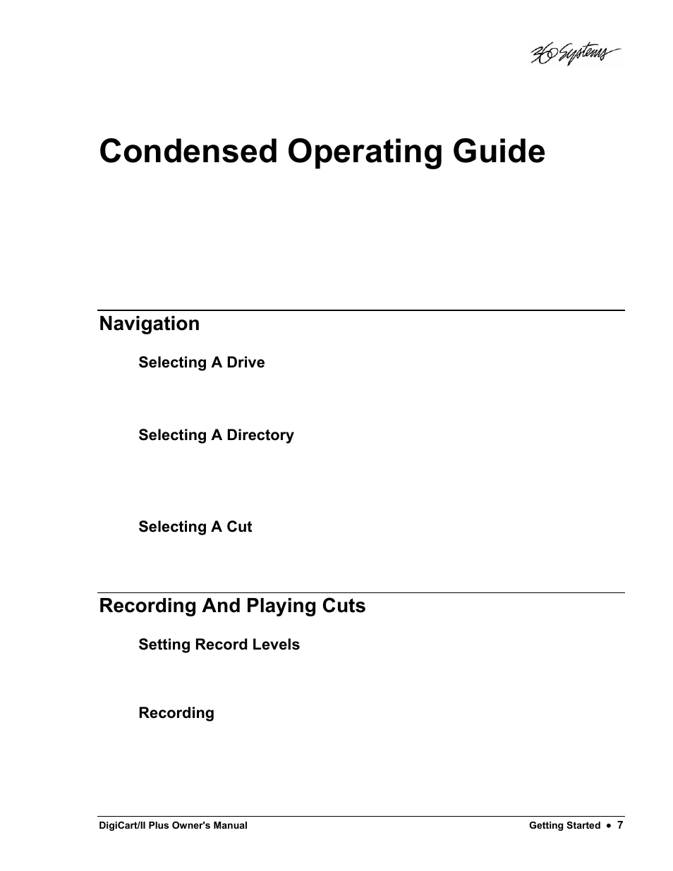Condensed operating guide, Navigation, Recording and playing cuts | 360 Systems DigiCart/II Plus User Manual | Page 19 / 109