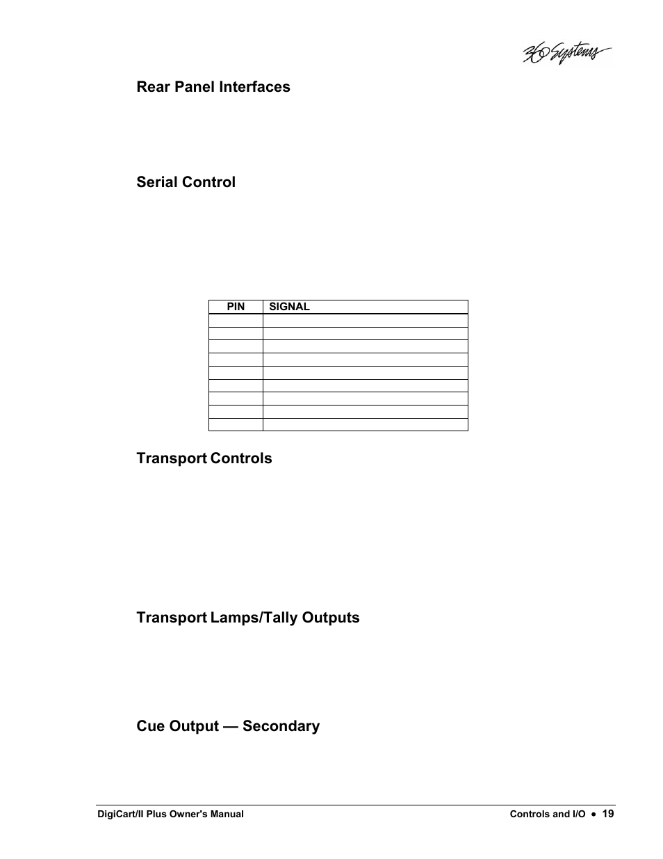 Rear panel interfaces, Serial control, Transport | Controls, Lamps/tally outputs, Cue output — secondary | 360 Systems DigiCart/II Plus User Manual | Page 31 / 109